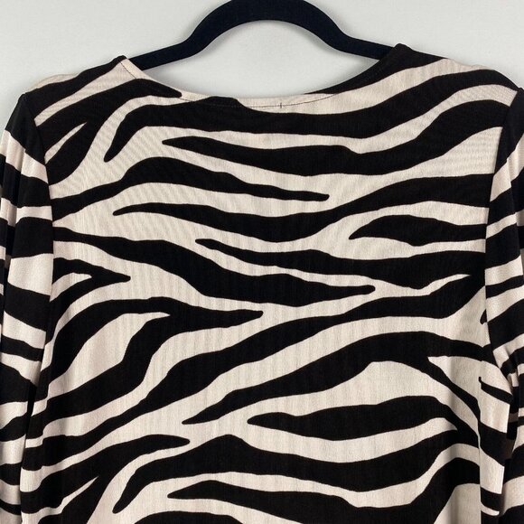 Chicos Travelers Zebra Print Top Size 2 US L Slinky Knit 3/4 Tie Sleeves - Picture 6 of 9